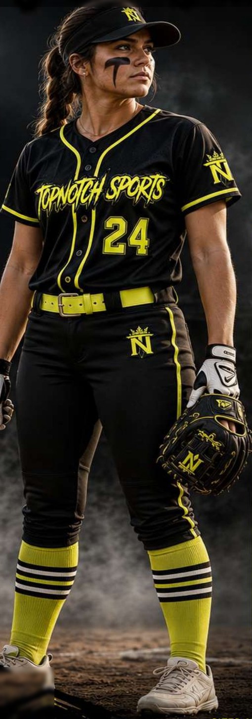 Softball player in a black and yellow Top Notch Sports custom uniform with matching glove and socks