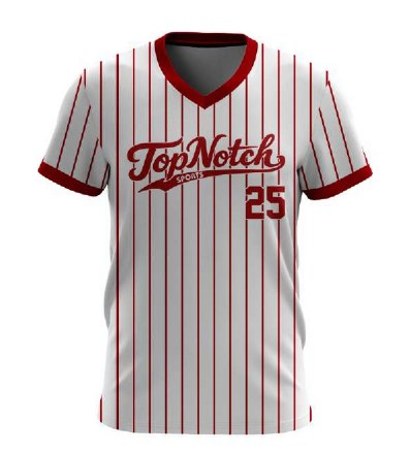 The same softball jersey design in the catalog white and red pinstripe colorway